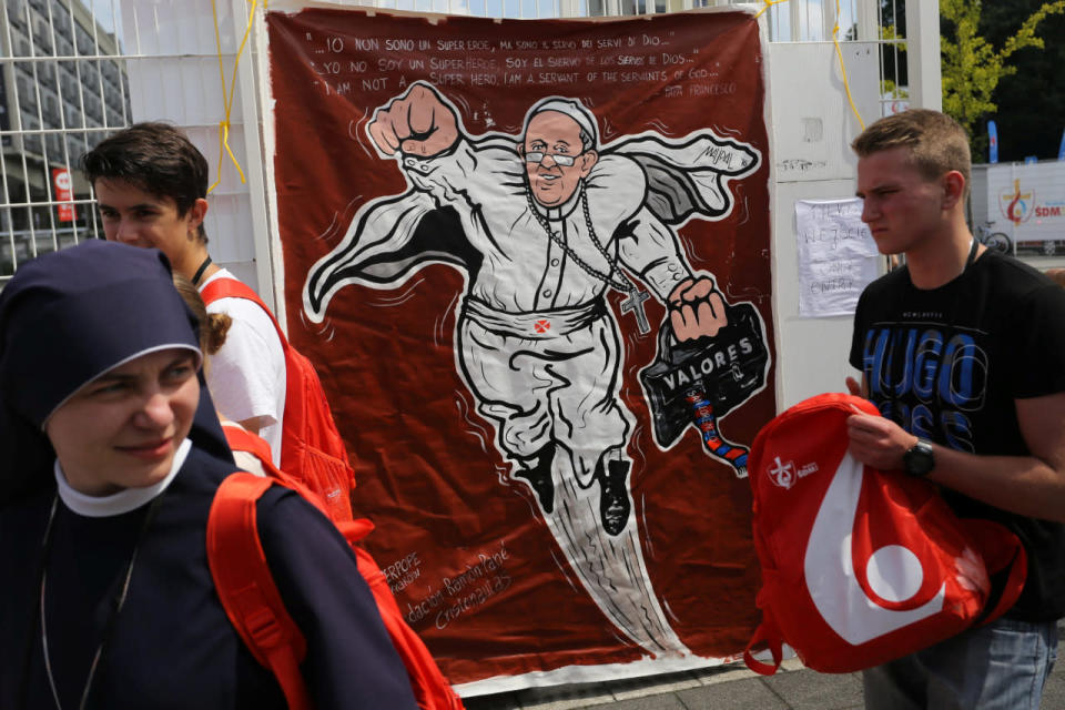 <p>A poster with Pope Francis is seen near Cracovia Stadium in Krakow, Poland July 27, 2016. (Agencja Gazeta/Jakub Porzycki/via REUTERS)</p>