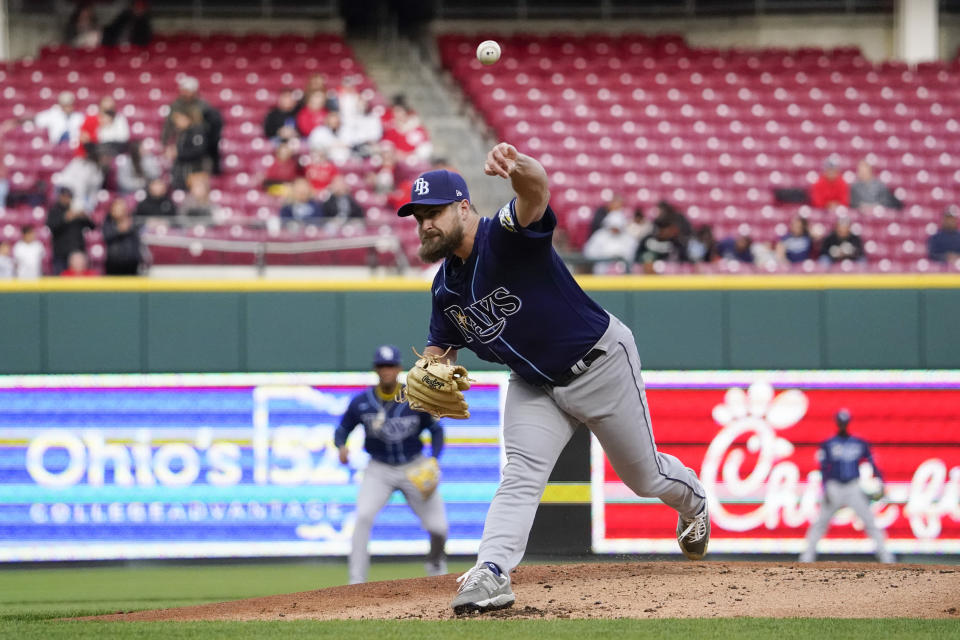 Tampa Bay Rays starting pitcher Jalen Beeks delivers during the first inning of a baseball game against the Cincinnati Reds, Monday, April 17, 2023, in Cincinnati. (AP Photo/Joshua A. Bickel)