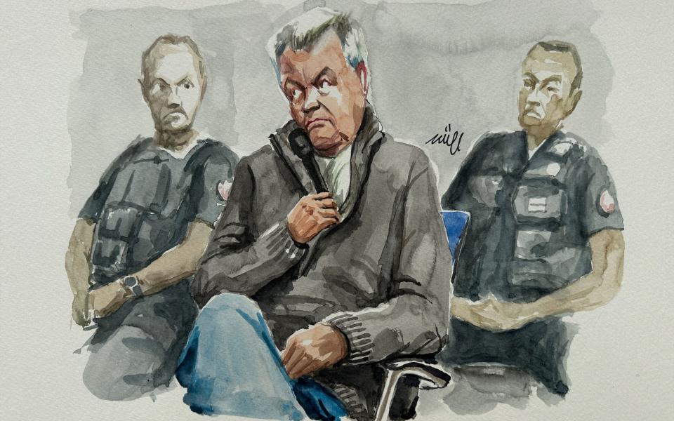 A court sketch shows Dominique Pelicot in court, who admitted to abusing his wife