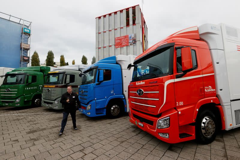 FILE PHOTO: New hydrogen fuel cell truck made by Hyundai is displayed in Luzern