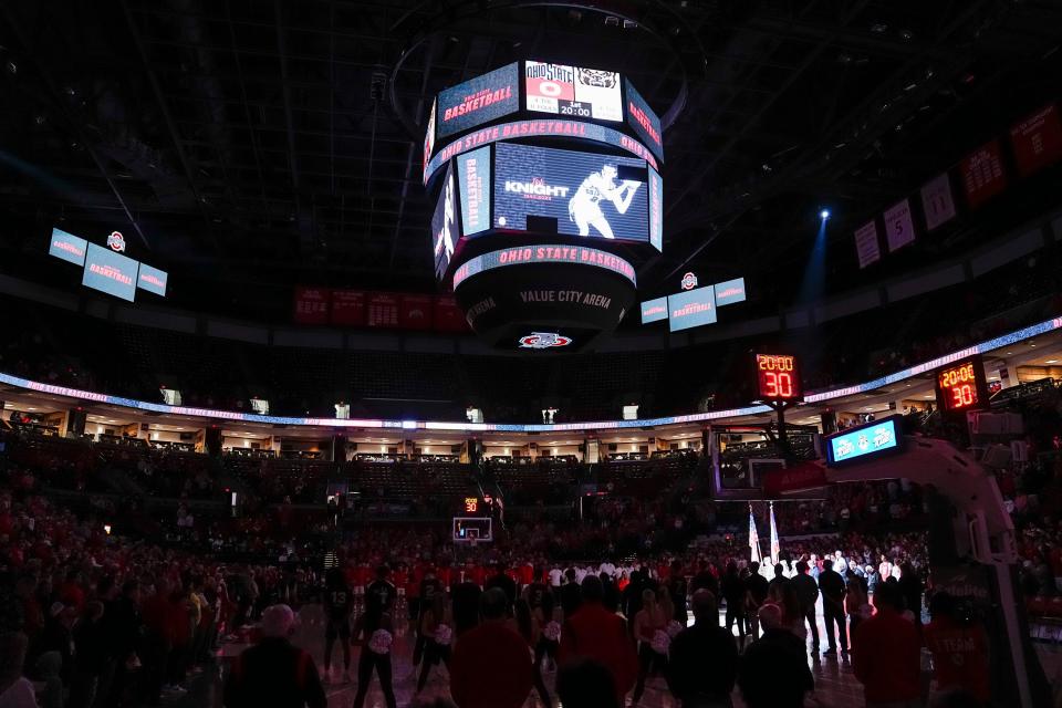 Nov 6, 2023; Columbus, OH, USA; The death of former Ohio State Buckeyes player and famous Indiana University head coach Bobby Knight is recognized with a moment of silence prior to the NCAA men’s basketball game against the Oakland Golden Grizzlies at Value City Arena.