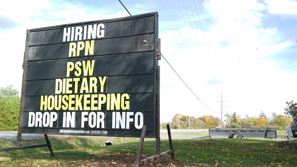 A sign outside of the Osgoode Care Centre invites people to learn more about jobs at the long-term care centre.