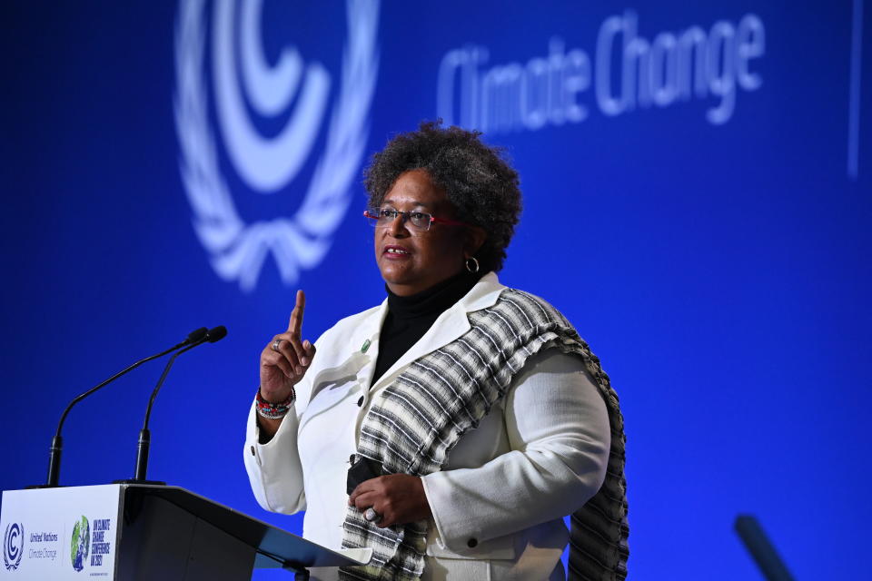 GLASGOW, SCOTLAND - NOVEMBER 01:  Prime Minister of Barbados Mia Mottley speaks during the opening ceremony of the UN Climate Change Conference COP26 at SECC on November 1, 2021 in Glasgow, United Kingdom. World Leaders attending COP26 are under pressure to agree measures to deliver on emission reduction targets that will lead the world to net-zero by 2050. Other goals of the summit are adapting to protect communities and natural habitats, mobilising  $100billion in climate finance per year and get countries working together to meet the challenges of the climate crisis.  (Photo by Jeff J Mitchell/Getty Images)