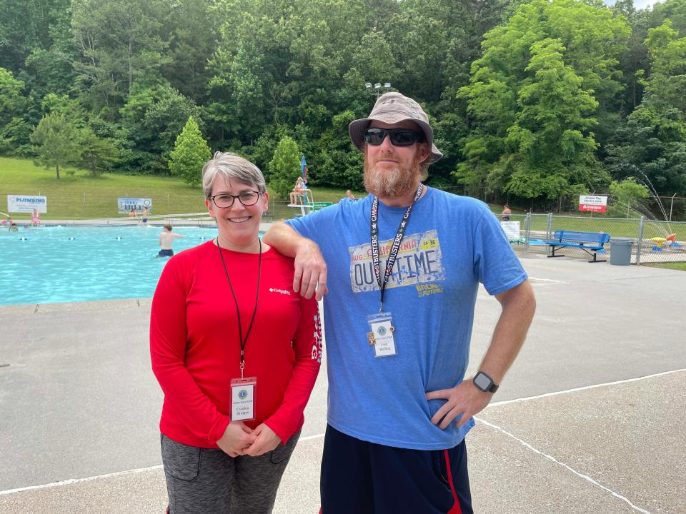 Lions Cynthia Bridges and Josh Bolling are all smiles on opening day of the Lions Club Karns Community Pool Saturday, May 28, 2022.