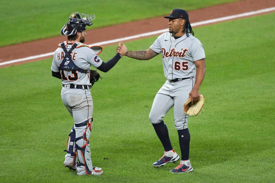 Tigers pitcher Gregory Soto greeted by catcher Eric Haase after earning a save in the ninth inning of the Tigers' 3-2 win over the Orioles on Tuesday, Sept. 20, 2022, in Baltimore.