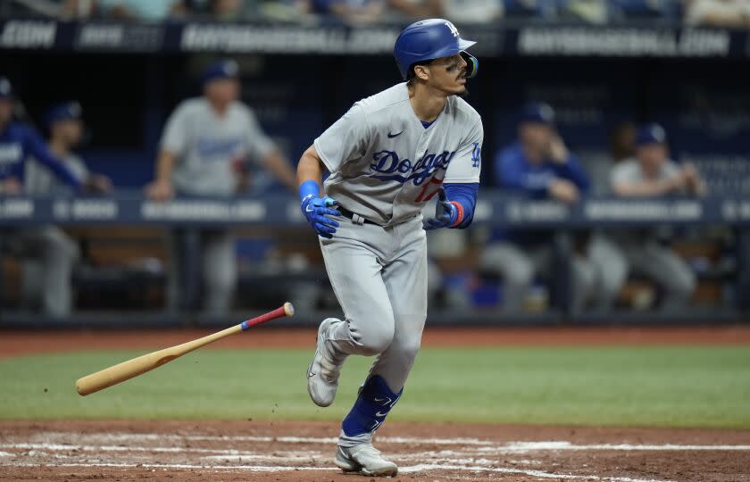 Dodgers' Miguel Vargas hits a run-scoring sacrifice fly against the Tampa Bay Rays on May 28, 2023, in St. Petersburg, Fla.