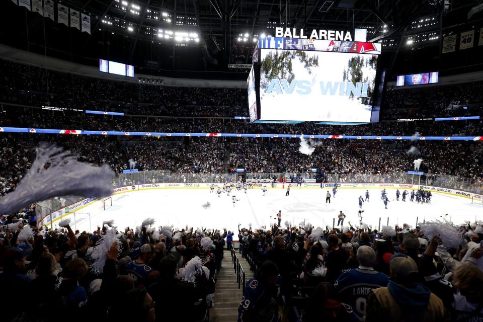 DENVER, COLORADO - MAY 31: The Colorado Avalanche celebrate after defeating the Edmonton Oilers with a score of 8 to 6 in Game One of the Western Conference Final of the 2022 Stanley Cup Playoffs at Ball Arena on May 31, 2022 in Denver, Colorado. (Photo by Justin Edmonds/Getty Images)