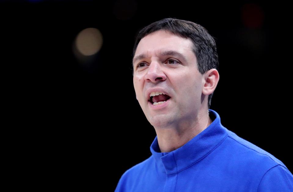 Oklahoma City Thunder head coach Mark Daigneault reacts to a call  during the NBA basketball game between the Oklahoma City Thunder and the Golden State Warriors at the Paycom Center in Oklahoma City, Tuesday, March 7, 2023. 