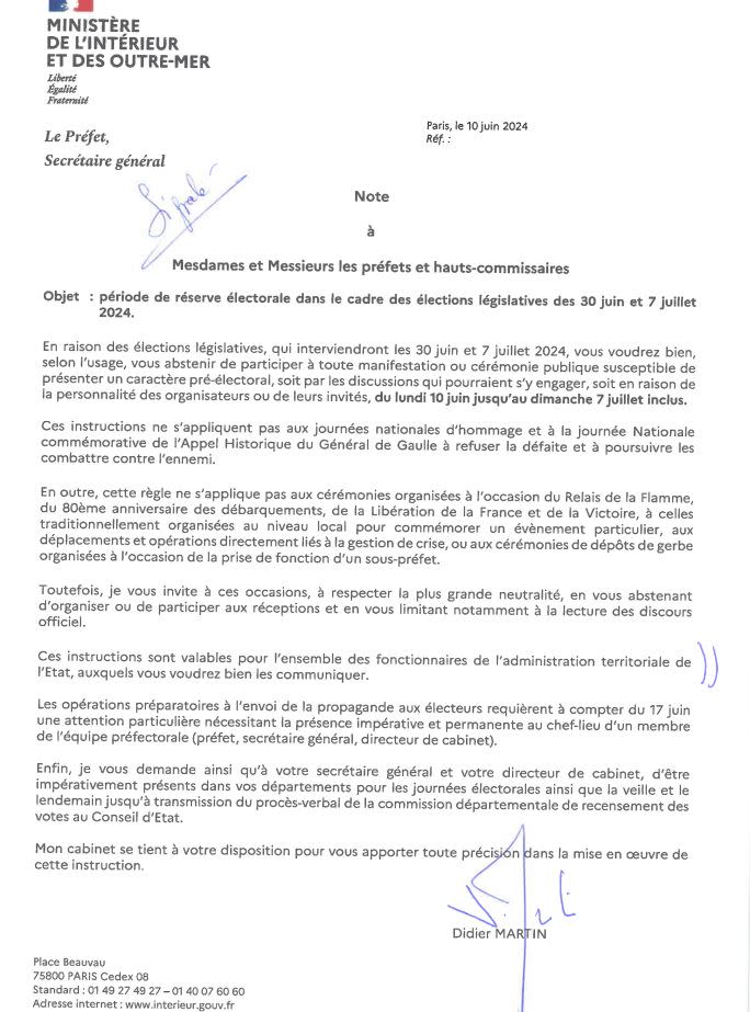 <span>Capture d'écran, réalisée le 20 juin 2024, du courrier du secrétaire général du ministère de l'Intérieur et des Outre-Mer Didier Martin aux préfets à propos de la période de réserve</span>