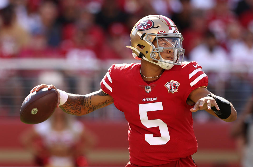 SANTA CLARA, CALIFORNIA - OCTOBER 03: Trey Lance #5 of the San Francisco 49ers passes the ball during the second half against the Seattle Seahawks at Levi's Stadium on October 03, 2021 in Santa Clara, California. (Photo by Ezra Shaw/Getty Images)