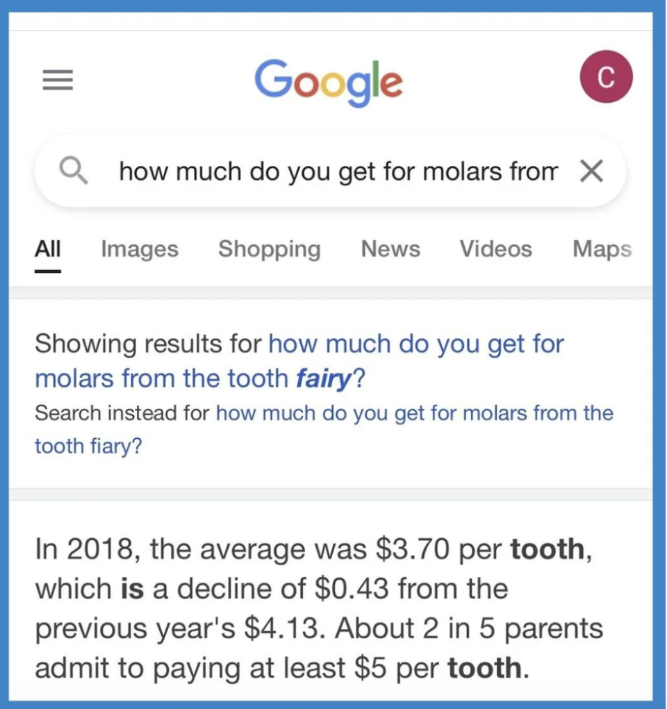 Google search for how much you get for molars from the tooth fairy