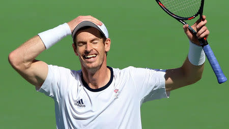 2016 Rio Olympics - Tennis - Semifinal - Men's Singles Semifinals - Olympic Tennis Centre - Rio de Janeiro, Brazil - 13/08/2016. Andy Murray (GBR) of Britain celebrates after winning match against Kei Nishikori (JPN) of Japan. REUTERS/Kevin Lamarque