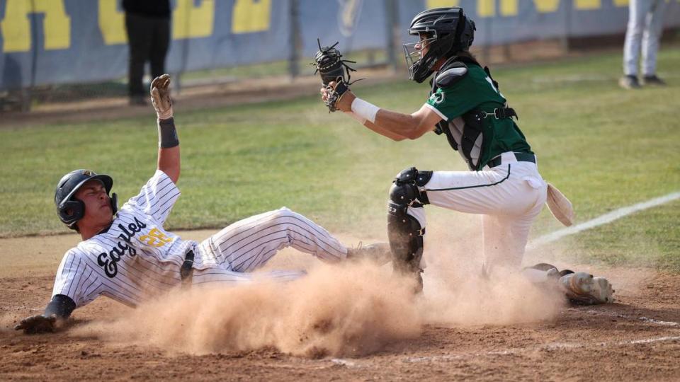 Tane Kurth was out at home as catcher Cooper Carter shows ball to umpire. Arroyo Grande High School fell to Garces Memorial from Bakersfield 6-4 in a baseball playoff on May 14, 2024.