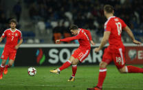 Soccer Football - 2018 World Cup Qualifications - Europe - Georgia vs Wales - Boris Paichadze Dinamo Arena, Tbilisi, Georgia - October 6, 2017 Wales' Tom Lawrence scores their first goal Action Images via Reuters/Peter Cziborra