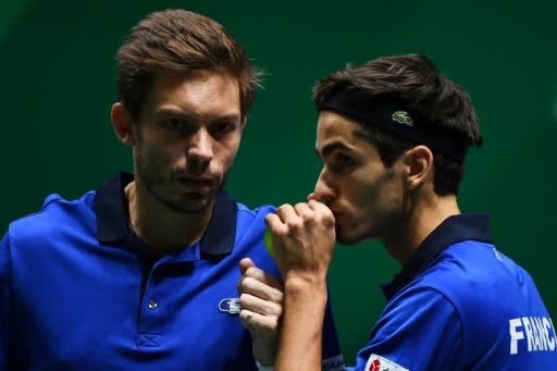 France's Nicolas Mahut (left) and Pierre-Hugues Herbert staved off a shock defeat for France by winning their doubles against Ben McLachlan and Yasutaka Uchiyama of Japan in the doubles