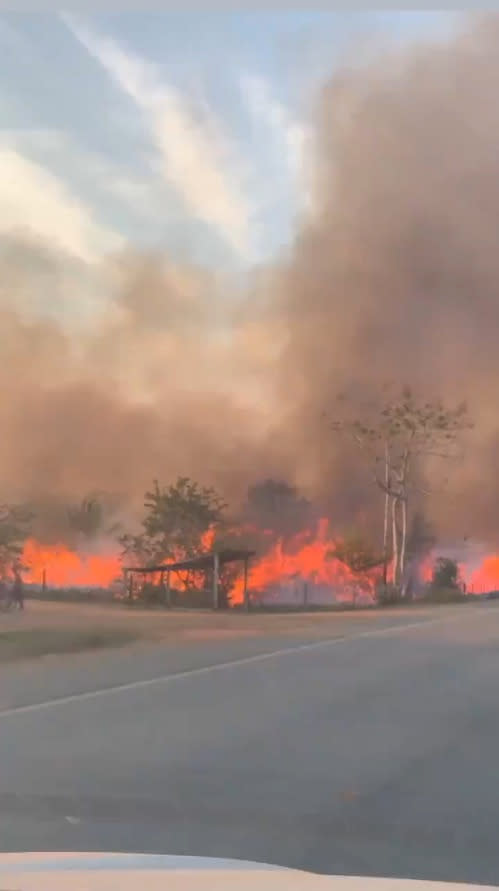 Flames are seen along the BR364 highway in Guajara-Mirim, Rondonia, the northern Brazilian state close to the amazon forest, August 14, 2019.