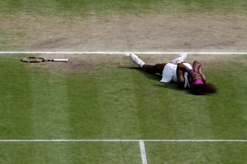 Serena Williams of the USA celebrates match point during her Ladies Singles final match against Agnieszka Radwanska of Poland on day twelve of the Wimbledon Lawn Tennis Championships at the All England Lawn Tennis and Croquet Club on July 7, 2012 in London, England. (Photo by Anja Niedringhaus/Pool/Getty Images)