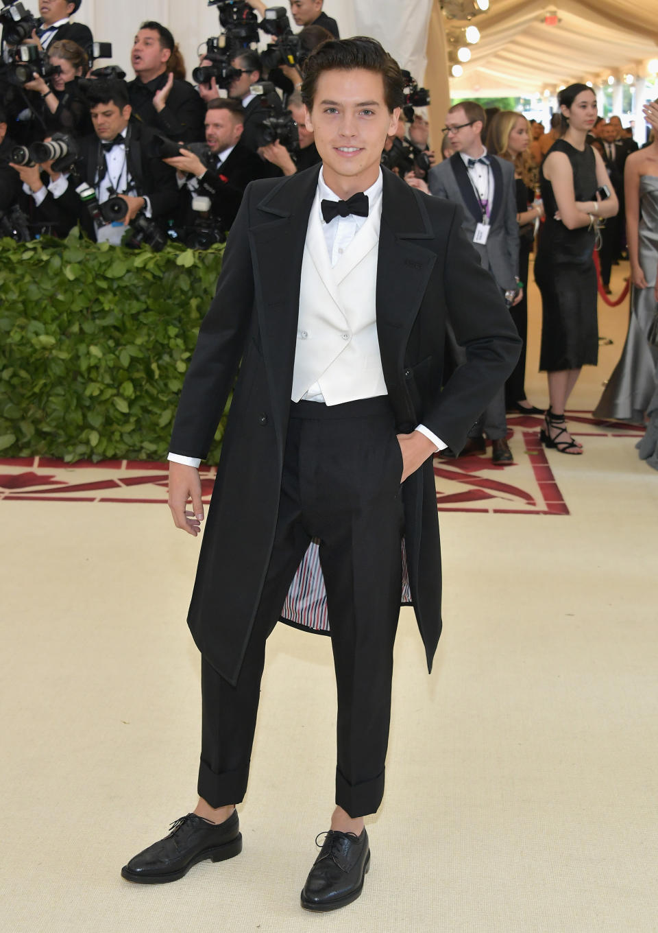 <p>Cole Sprouse and Lili Reinhart made their red carpet debut on the Met Gala stairs last night. While the actress opted for a custom-made H&M dress, the ‘Riverdale’ star donned a seriously dapper tux by Thom Browne. <em>[Photo: Getty]</em> </p>