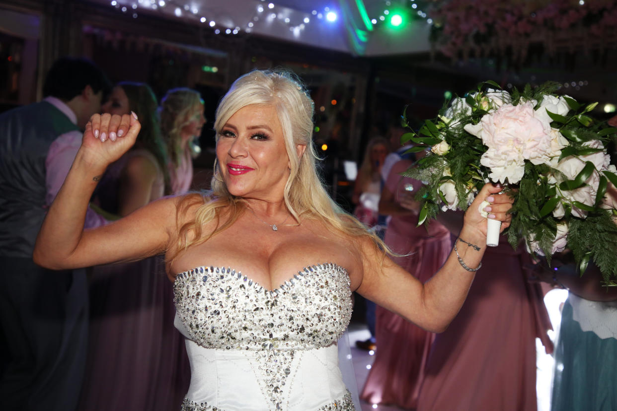 LONDON, ENGLAND - JUNE 18: Samantha Fox at her marriage to Linda Birgitte Olsen at King's Oak Hotel, Loughton on June 18, 2022 in London, England. Diamond wedding rings by Rankins, Flowers by Warren Bushaway - London event florist, Cake by Becky Carter,  Cars by JM wedding taxies, Make up artist - Gary Cockerill and Chocolate by Paul Wayne Gregory.(Photo by Keith Curtis for Agent Fox Media via Getty Images)
