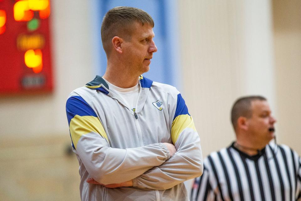 New Prairie head coach Mike Bauer during the Adams vs. New Prairie boys basketball game Friday, Feb. 25, 2022 at Adams High School. 