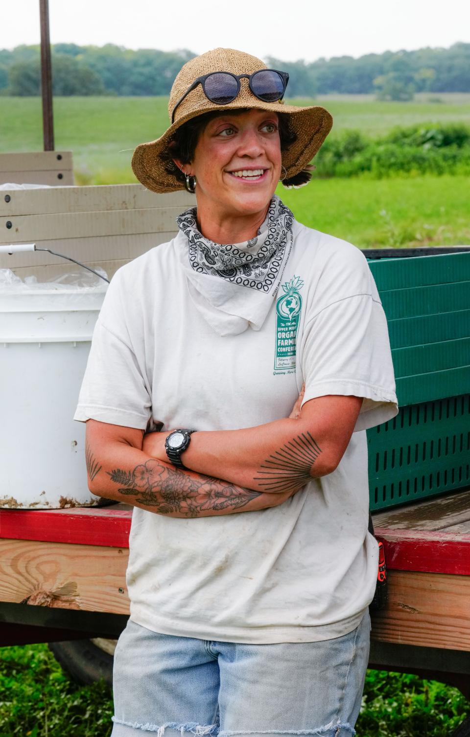 Organic farm apprentice Laura Seleski speaks about the valuable hands-on learning opportunities at Gwenyn Hill Farm in Waukesha on Tuesday, August 7, 2023.