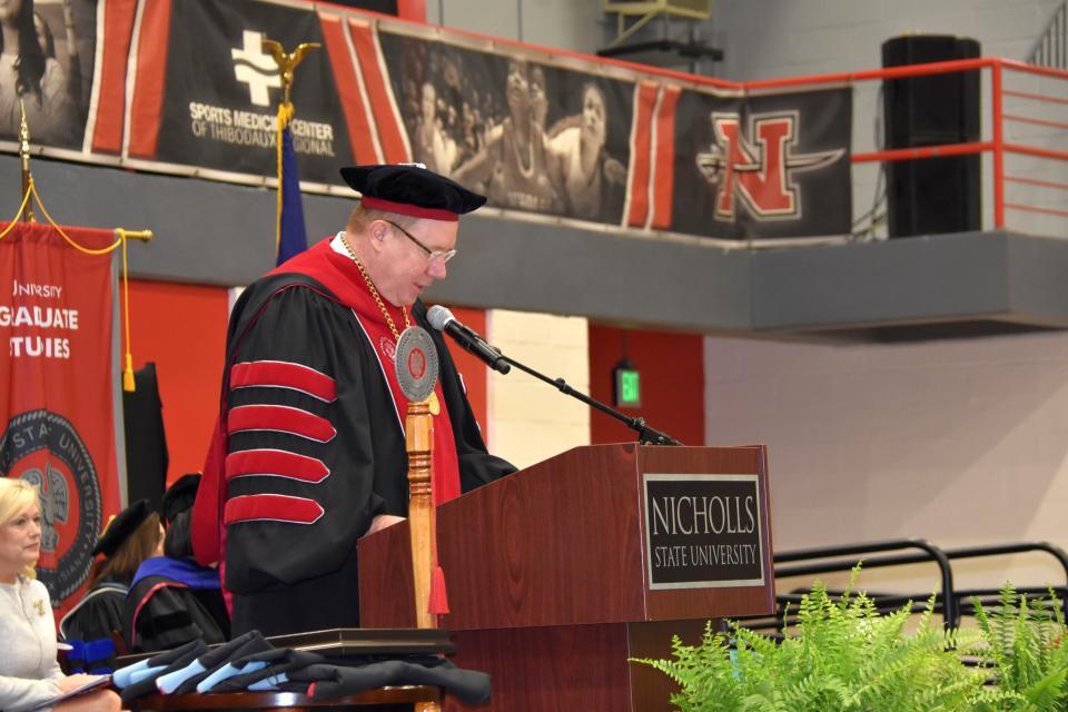 Nicholls State University President Jay Clune begins the graduation ceremony, May 13.