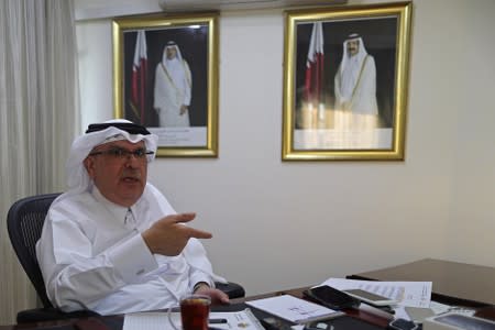 Qatari envoy Mohammed Al-Emadi gestures during an interview with Reuters in Gaza City