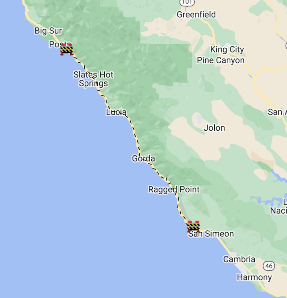 A map of the Highway 1 closure near Big Sur in Monterey County and San Luis Obispo County, Jan. 15, 2023.