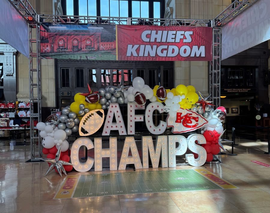 An AFC Champs display at Union Station in Kansas City before Super Bowl LVIII. (FOX4 photo)