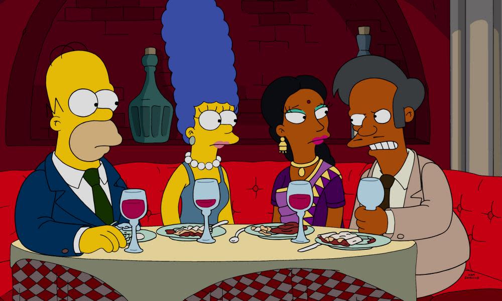 Apu, right, with his wife Manjula, and Homer and Marge Simpson in the episode Much Apu About Something.