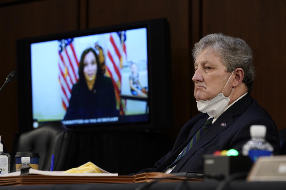 Democratic vice presidential candidate Sen. Kamala Harris, D-Calif., speaks virtually during a confirmation hearing for Supreme Court nominee Amy Coney Barrett before the Senate Judiciary Committee, Monday, Oct. 12, 2020, on Capitol Hill in Washington, as Sen. John Kennedy, R-La., right, listens. (AP Photo/Patrick Semansky, Pool)