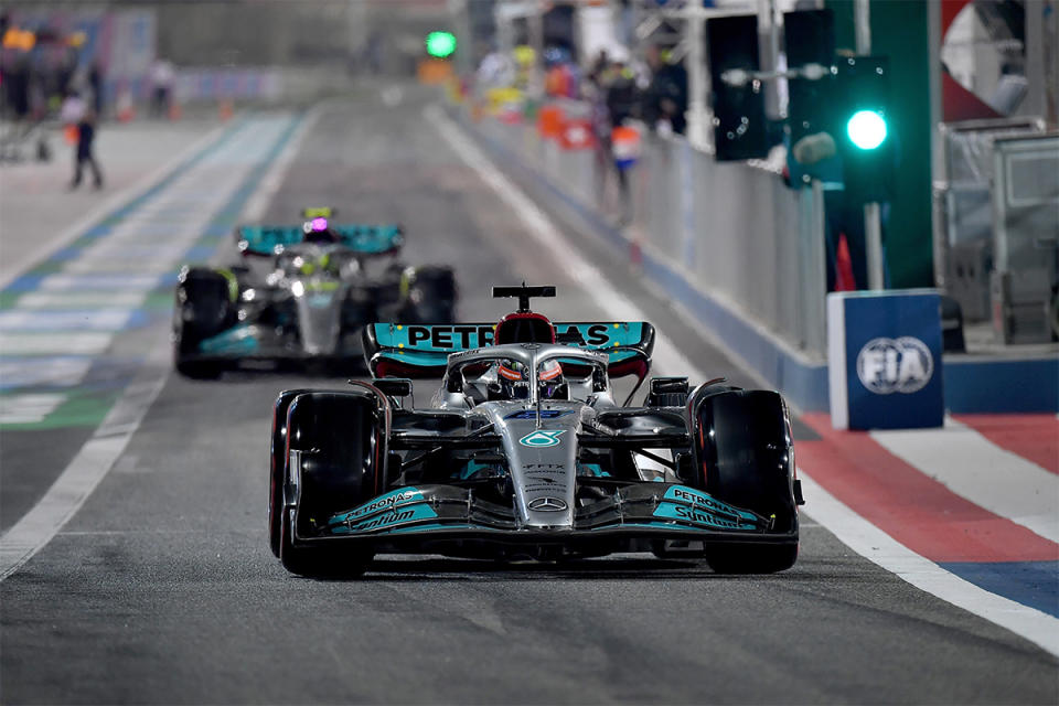 formula 1 racing mercedes amg petronas team george russell british driver interview lewis hamilton toto wolff bahrain grand prix 