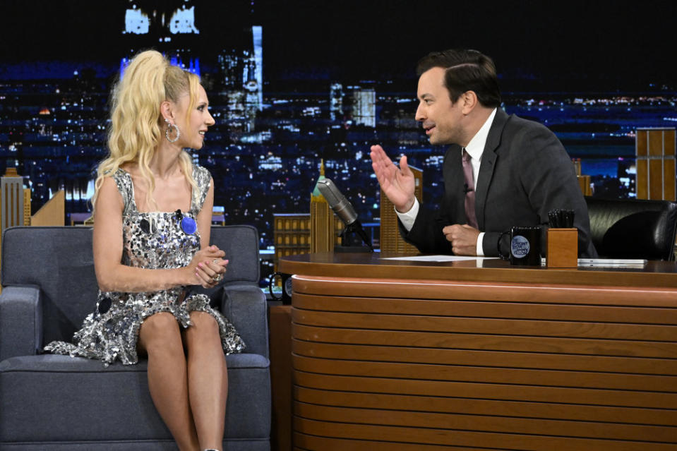 Juno Temple during a “Tonight Show” interview with host Jimmy Fallon on August 18, 2022 - Credit: Todd Owyoung/NBC