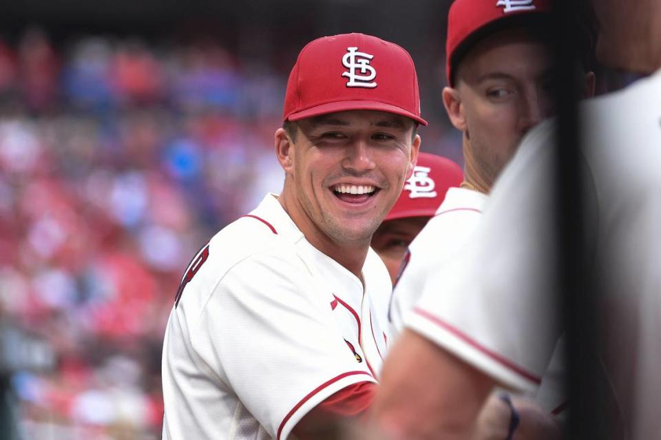 St. Louis Cardinals right fielder Lars Nootbaar (21) looks on in the dugout prior to a game against the Chicago Cubs last season in St. Louis. This winter marked the second time Nootbaar journeyed up the Pacific coast for a four-day stay at Driveline’s industry-leading facility, bringing owner and teammate Nolan Arenado along with him both times.