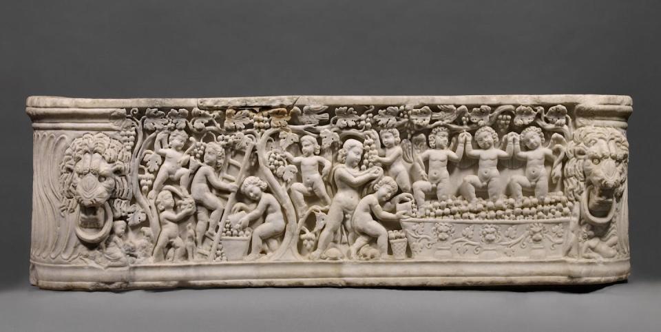 Sarcophagus representing a Dionysiac Vintage Festival, A.D. 290–300. On the left, erotes are picking grapes with the aid of ladders from vines on trees. <a href="https://www.getty.edu/art/collection/object/109CTJ" rel="nofollow noopener" target="_blank" data-ylk="slk:Getty Museum Collection;elm:context_link;itc:0;sec:content-canvas" class="link ">Getty Museum Collection</a>