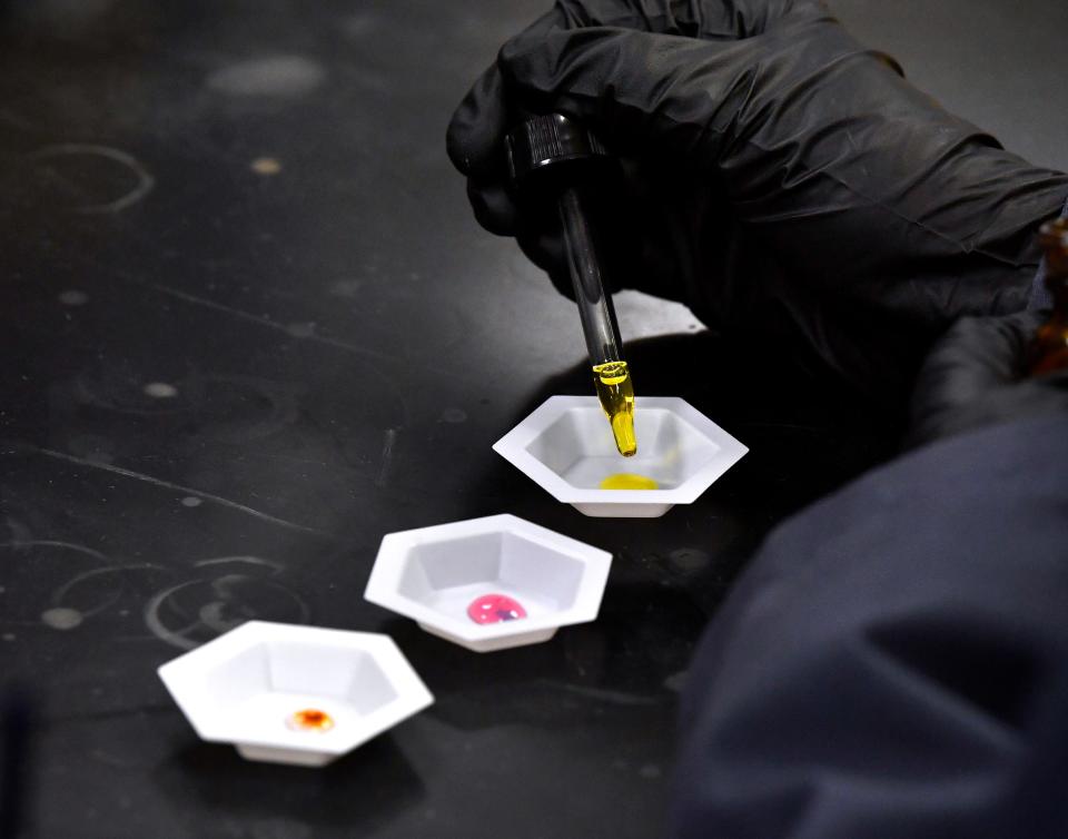 Forensic scientist Bethany Schroeder demonstrates how a variety of free agents react differently to individual drugs during an open house at the Texas Department of Public Safety Crime Lab Friday.