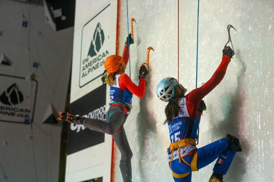 Ice climbing competitors in the women's Speed event at the 2019 UIAA Ice Climbing World Cup Championships in Denver.