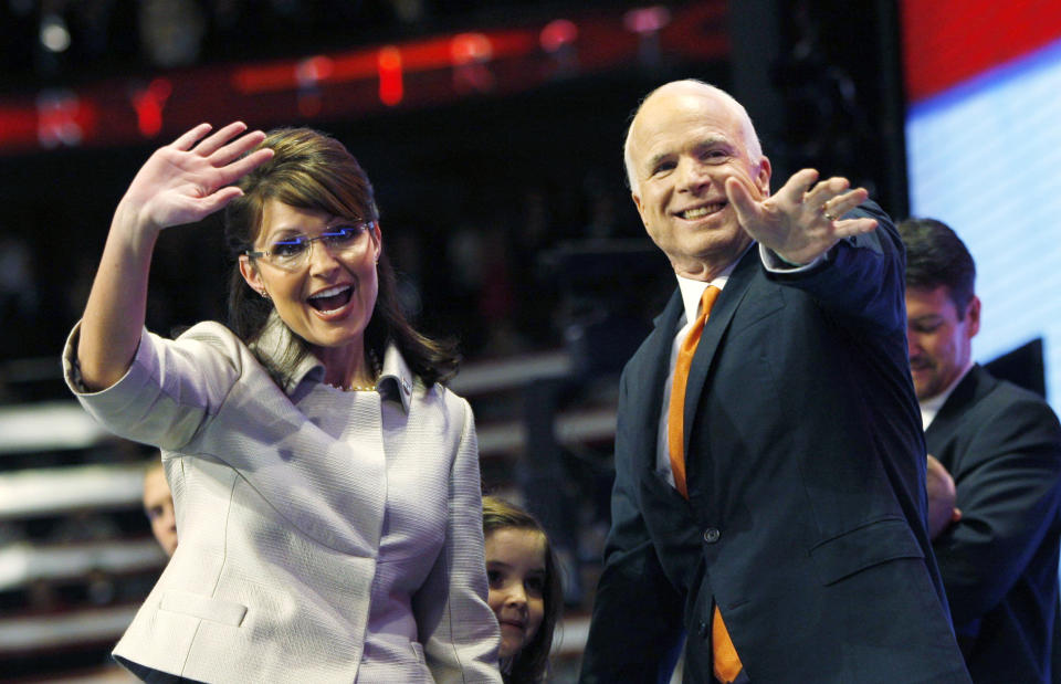 U.S. Republican presidential candidate Senator John McCain joins his vice presidential running-mate Alaska Governor Sarah Palin onstage after her address to the 2008  Republican National Convention in St. Paul, Minnesota, September 3, 2008. (Shannon Stapleton/Reuters)