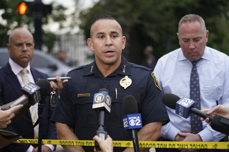 Pittsburgh Police chief Larry Scirotto speaks after Pittsburgh Police and other law enforcement agencies responded to a active shooter situation in the Garfield neighborhood of Pittsburgh, on Wednesday, August, 23, 2023. A person facing eviction opened fire from inside a Pittsburgh home Wednesday and was later pronounced dead after a siege that lasted much of the day, authorities said. (Sebastian Foltz/Pittsburgh Post-Gazette via AP)