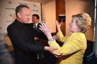 <p>Clinton was thrilled to encounter her friend Tom Hanks at a children’s charity event in May, in case you can’t tell. But then, who <em>wouldn’t</em> be happy to run into that guy? (Photo: Kevin Mazur/Getty Images for SeriousFun) </p>