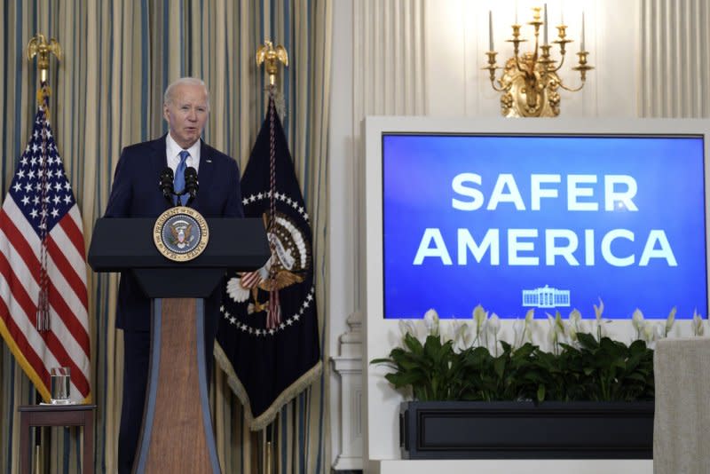 President Joe Biden delivers remarks Wednesday on his actions to fight crime, saying violent crime has decreased during his administration, in the State Dining Room at the White House in Washington, D.C. Photo by Yuri Gripas/UPI