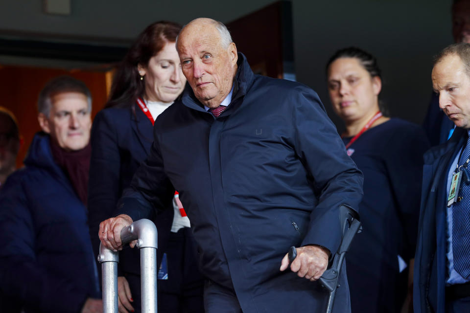 FILE - Norway's King Harald V arrives ahead of the Euro 2024 group A qualifying soccer match between Norway and Spain at the Ullevaal Stadium in Oslo, Norway, Sunday Oct. 15, 2023. Norway’s aging king, Harald V, is on sick leave until Feb. 2 “due to a respiratory infection,” the Norwegian palace said in a brief statement Wednesday, Jan. 31, 2024. The 86-year-old monarch who repeatedly has said that he unlike his second cousin Queen Margrethe II of Denmark has no plans to abdicate, has been hospitalized several times in recent months. (Frederik Ringnes/NTB Scanpix via AP, File)