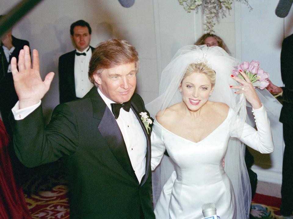 Donald Trump and Marla Maples wave goodbye at their wedding