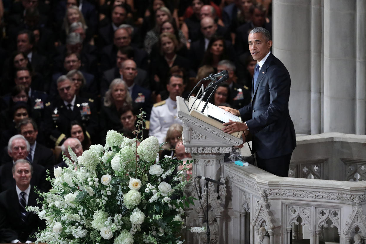 Former President Barack Obama speaks at the memorial service of Sen. John McCain (R-Ariz.) at the National Cathedral in Washington, D.C., on Saturday. (Photo: Joshua Roberts / Reuters)