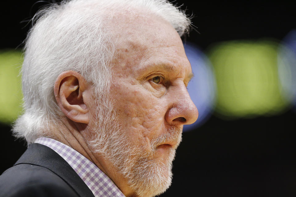 Gregg Popovich spoke emotionally about race and the responsibility of white people to fight for the end of racism. (Photo by Michael Reaves/Getty Images)