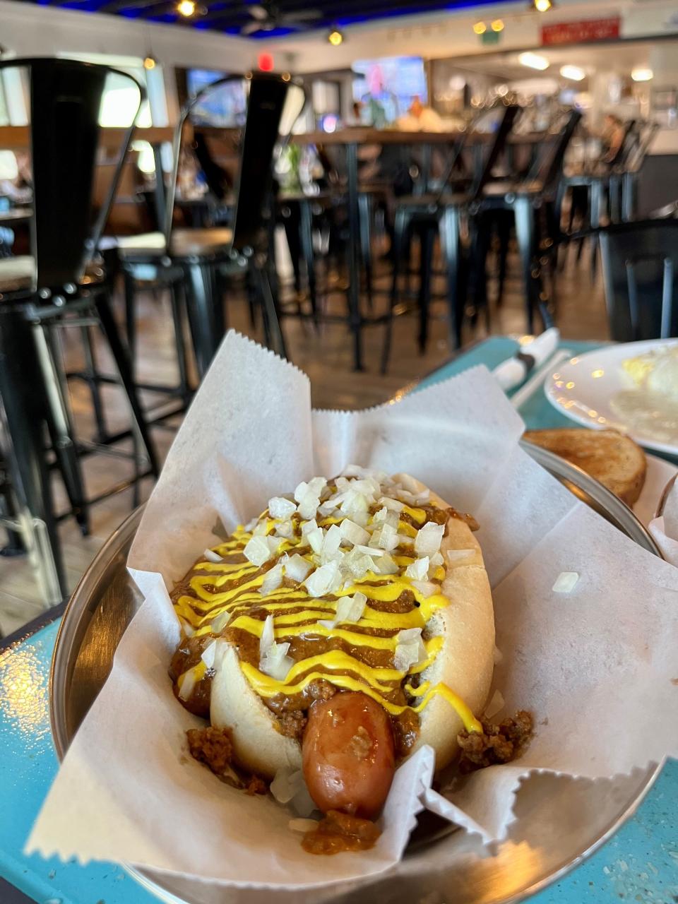The MCC Special hot dog at Motor City Coney Island is topped with ground beef, chili, onions and mustard.