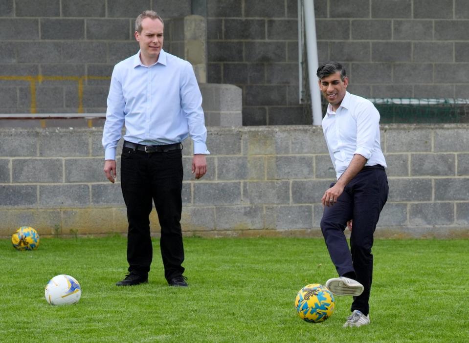 The prime minister took part in a football exercise with the team (Jonathan Brady/PA Wire)