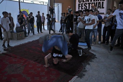 Young men are seen performing break-dance and Hip Hop during the Sound Central festival at French cultural center in Kabul, on October 3. More than a hundred people attended the second edition of the festival, the only event of its kind that takes places in Afghanistan