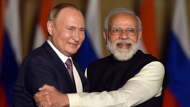 PHOTO: Prime Minister Narendra Modi with Russian President Vladimir Putin prior to their delegation meeting at Hyderabad House, Dec. 6, 2021 in New Delhi, India. (Sanjeev Verma/Hindustan Times via Getty Images, FILE)