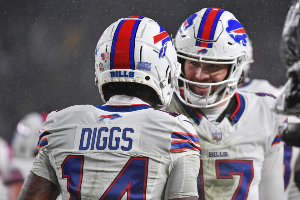 Nov 26, 2023; Philadelphia, Pennsylvania, USA; Buffalo Bills wide receiver Stefon Diggs (14) celebrates his touchdown with quarterback Josh Allen (17) against the Philadelphia Eagles during the second quarter at Lincoln Financial Field. Mandatory Credit: Eric Hartline-USA TODAY Sports